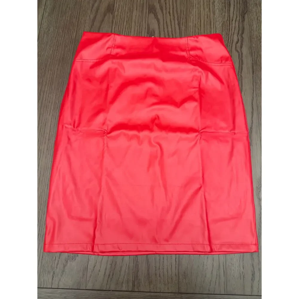 NWOT Faux Leather Skirt Red High Waisted Lined Zip Back XL